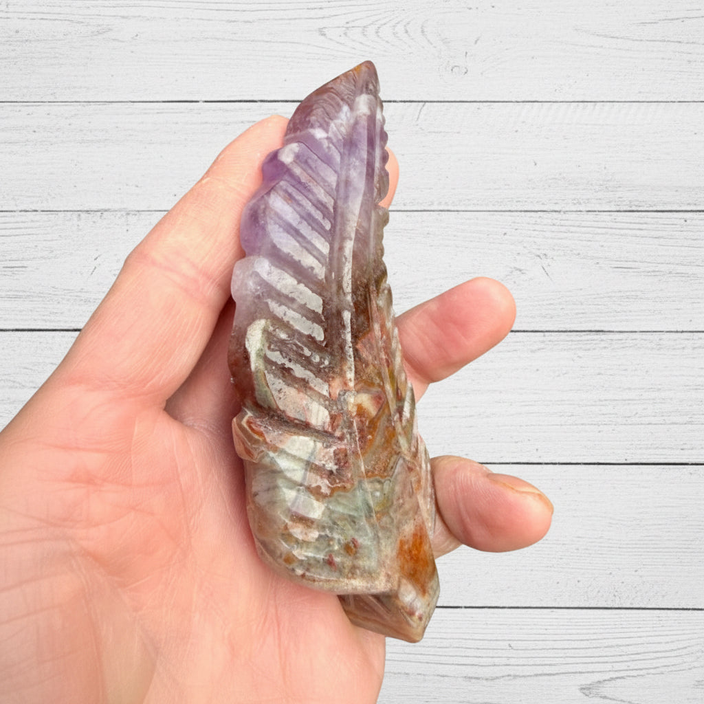 Mexican Amethyst Lace Agate Feather Carving 104 grams AF01