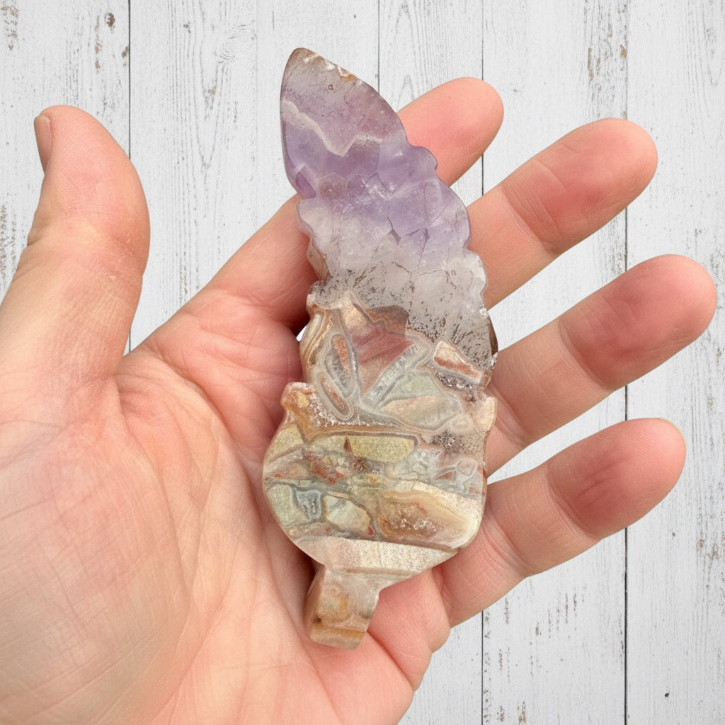 Mexican Amethyst Lace Agate Feather Carving 104 grams AF01