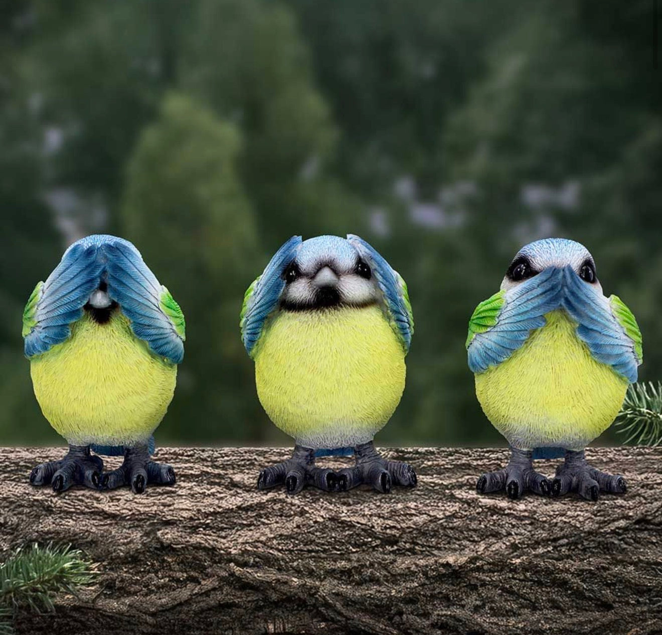 Three Wise Blue Tits See No Evil Set 8.5cm