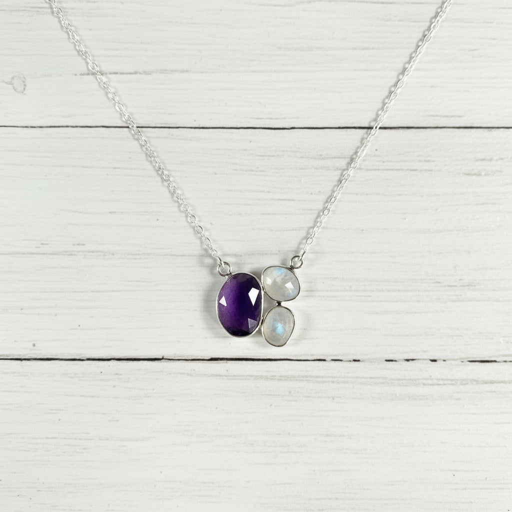 925 Sterling Silver Rainbow Moonstone & Amethyst Necklace