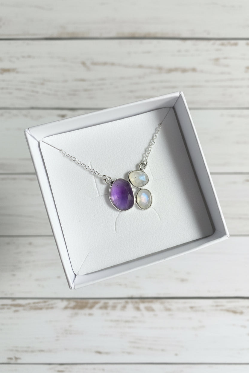 925 Sterling Silver Rainbow Moonstone & Amethyst Necklace
