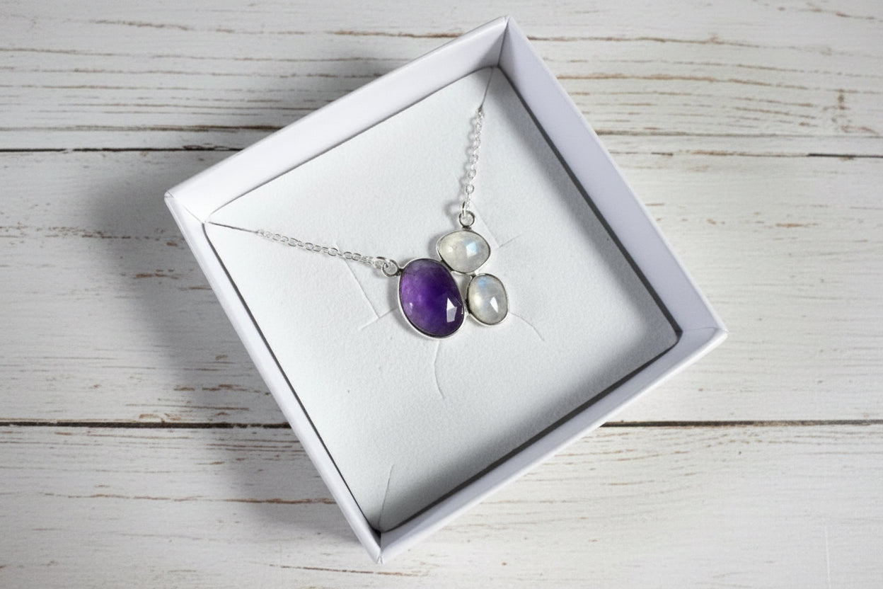 925 Sterling Silver Rainbow Moonstone & Amethyst Necklace