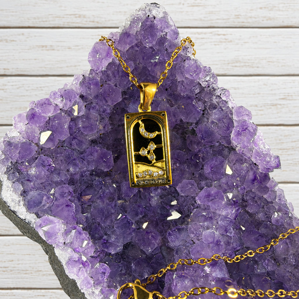 18KT Gold Plated Stainless Steel “ Eight of Cups “ Tarot Card Necklace