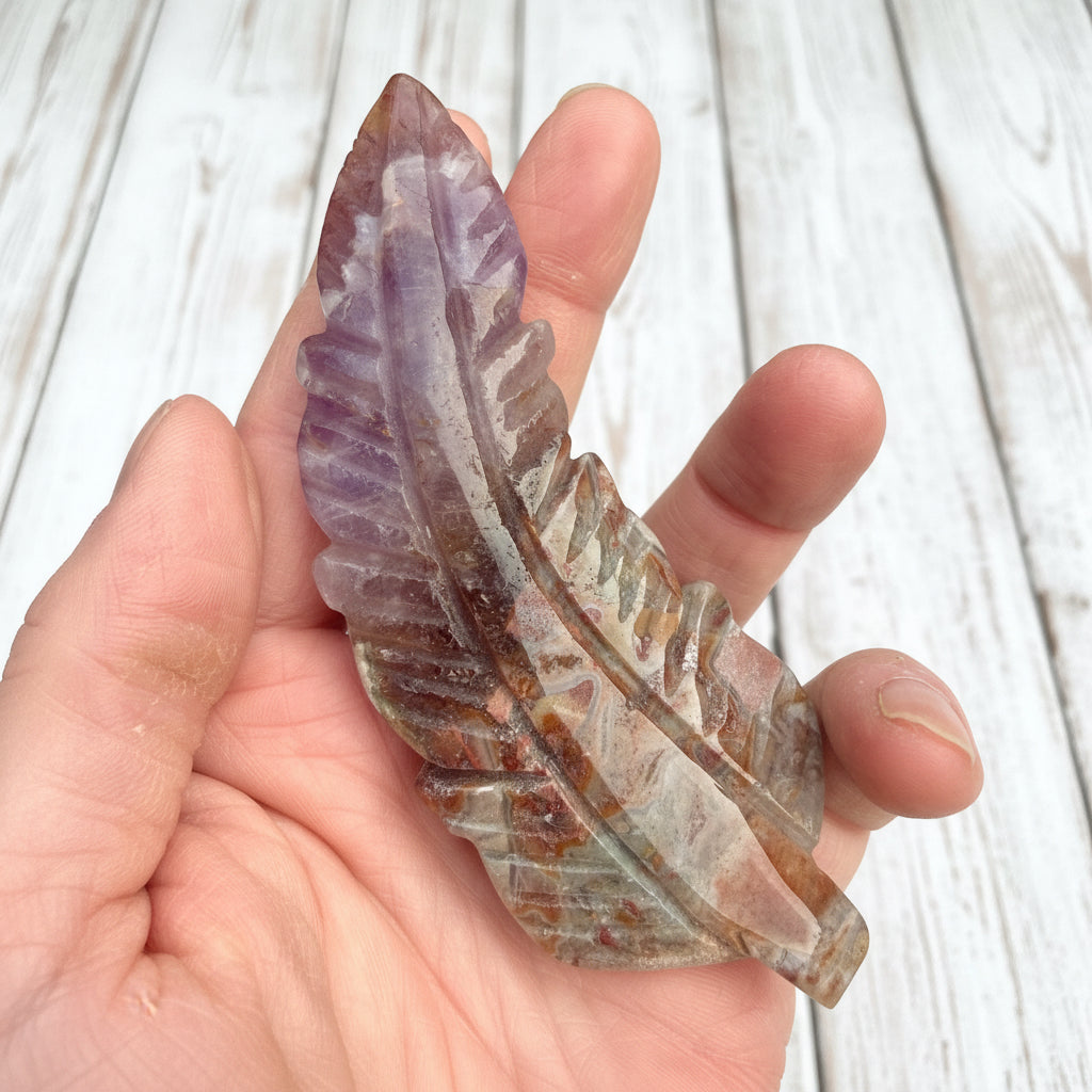 Mexican Amethyst Lace Agate Feather Carving 104 grams AF01