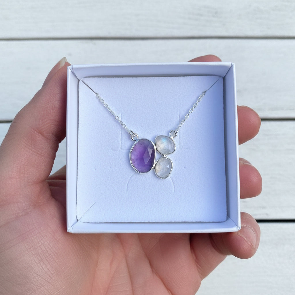 925 Sterling Silver Rainbow Moonstone & Amethyst Necklace