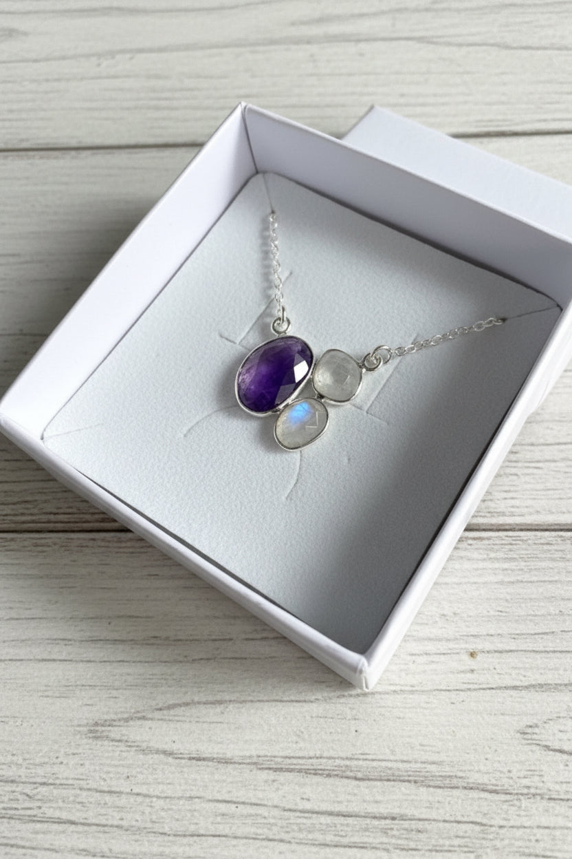 925 Sterling Silver Rainbow Moonstone & Amethyst Necklace