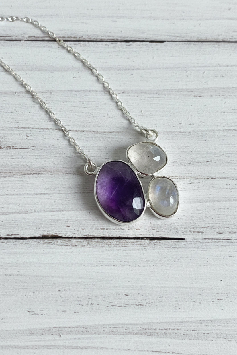 925 Sterling Silver Rainbow Moonstone & Amethyst Necklace