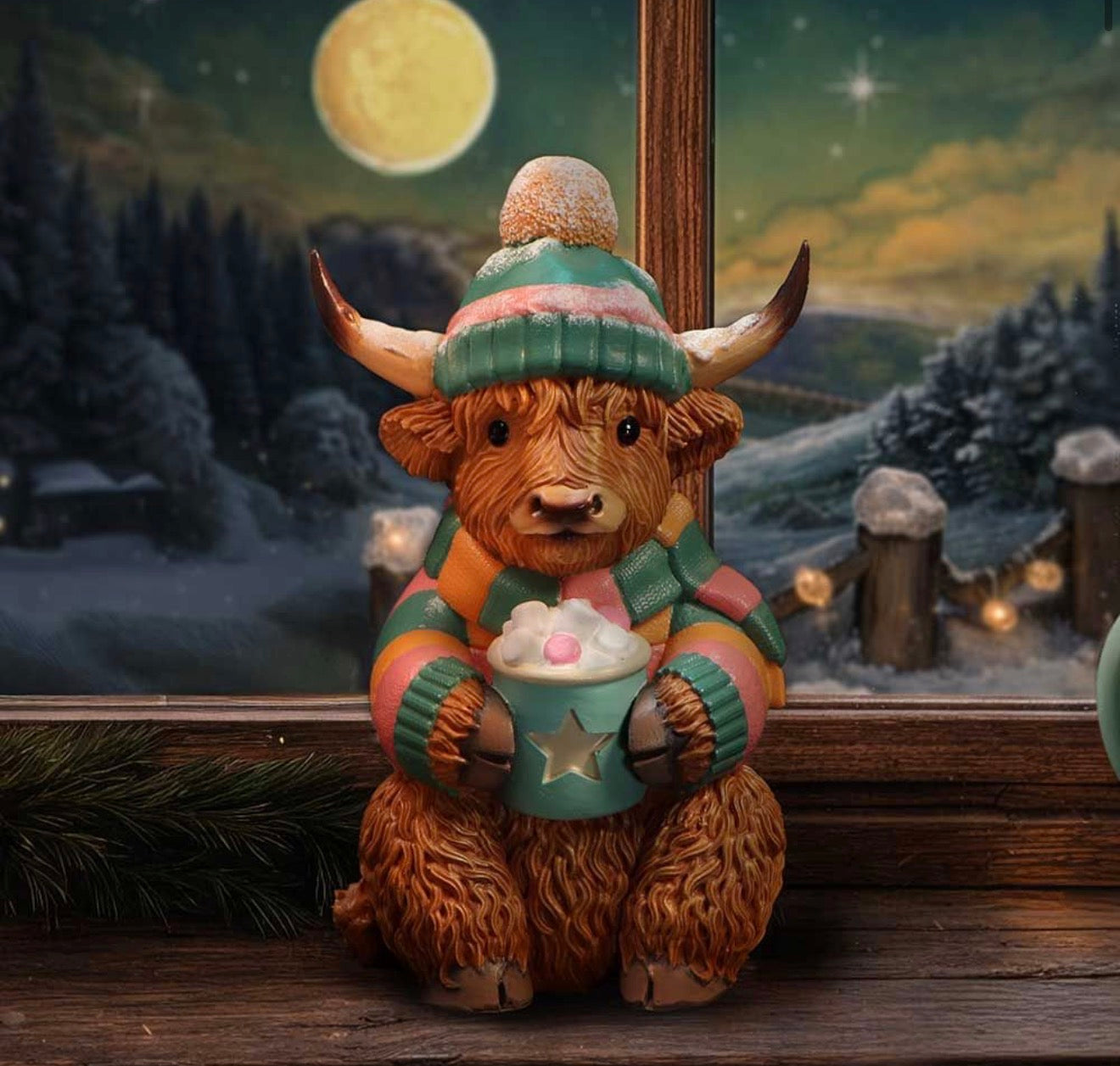 Winter Highland Cow Hot Cocoa 12.3cm