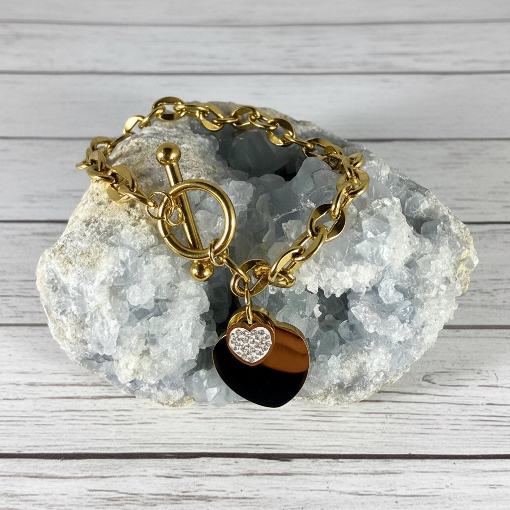 18KT Gold Plated Stainless Steel CZ Heart Bracelet