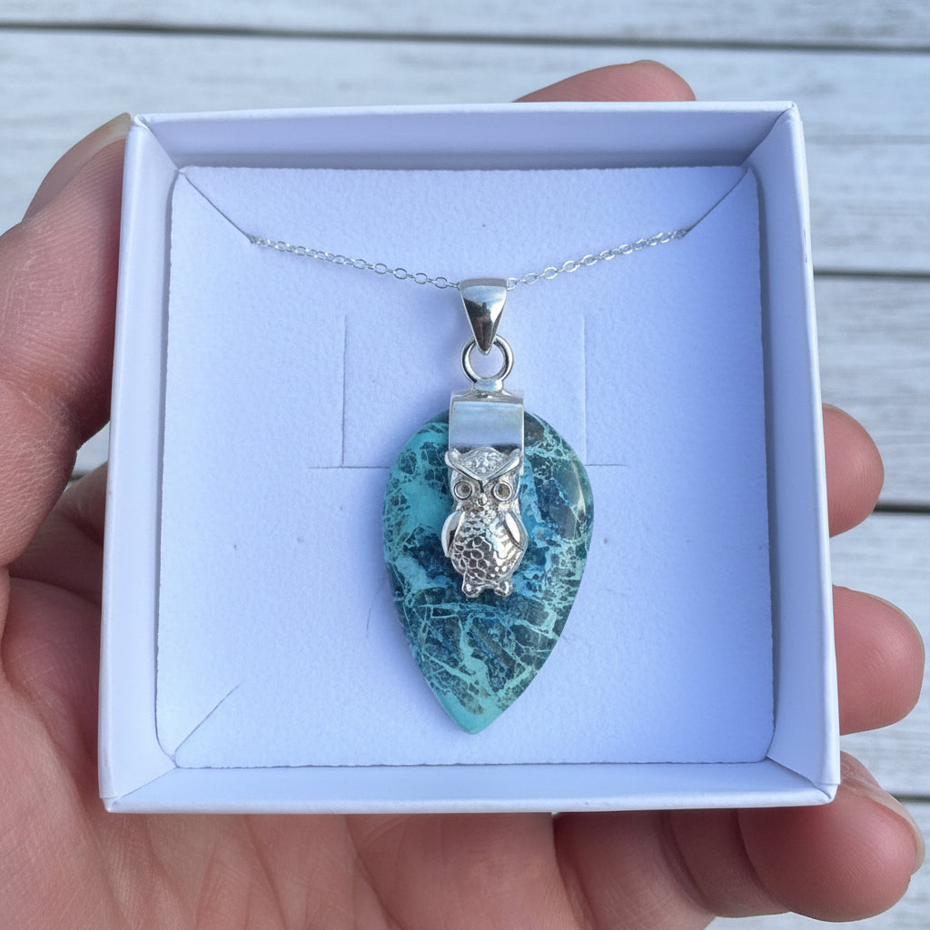 925 Sterling Silver Shattuckite Owl Pendant