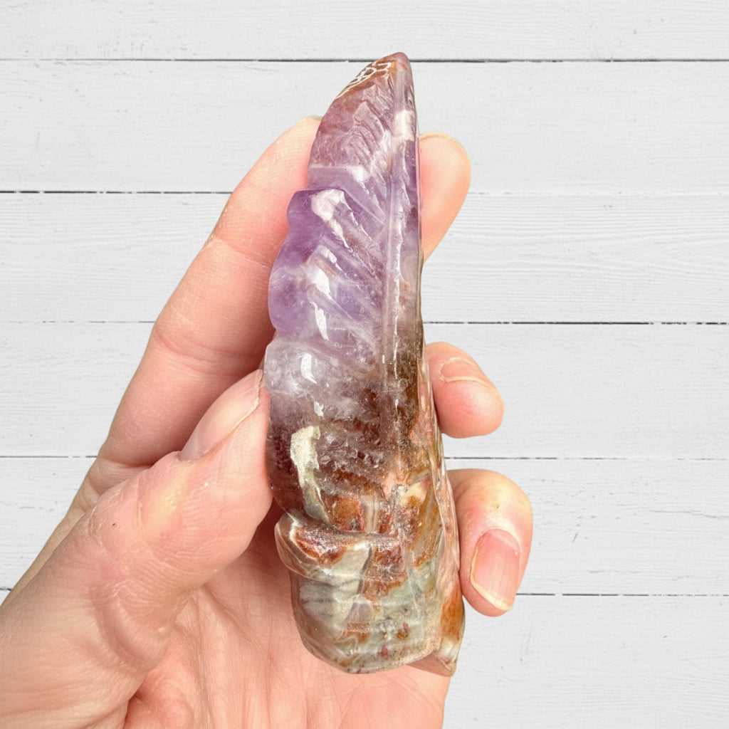 Mexican Amethyst Lace Agate Feather Carving 104 grams AF01