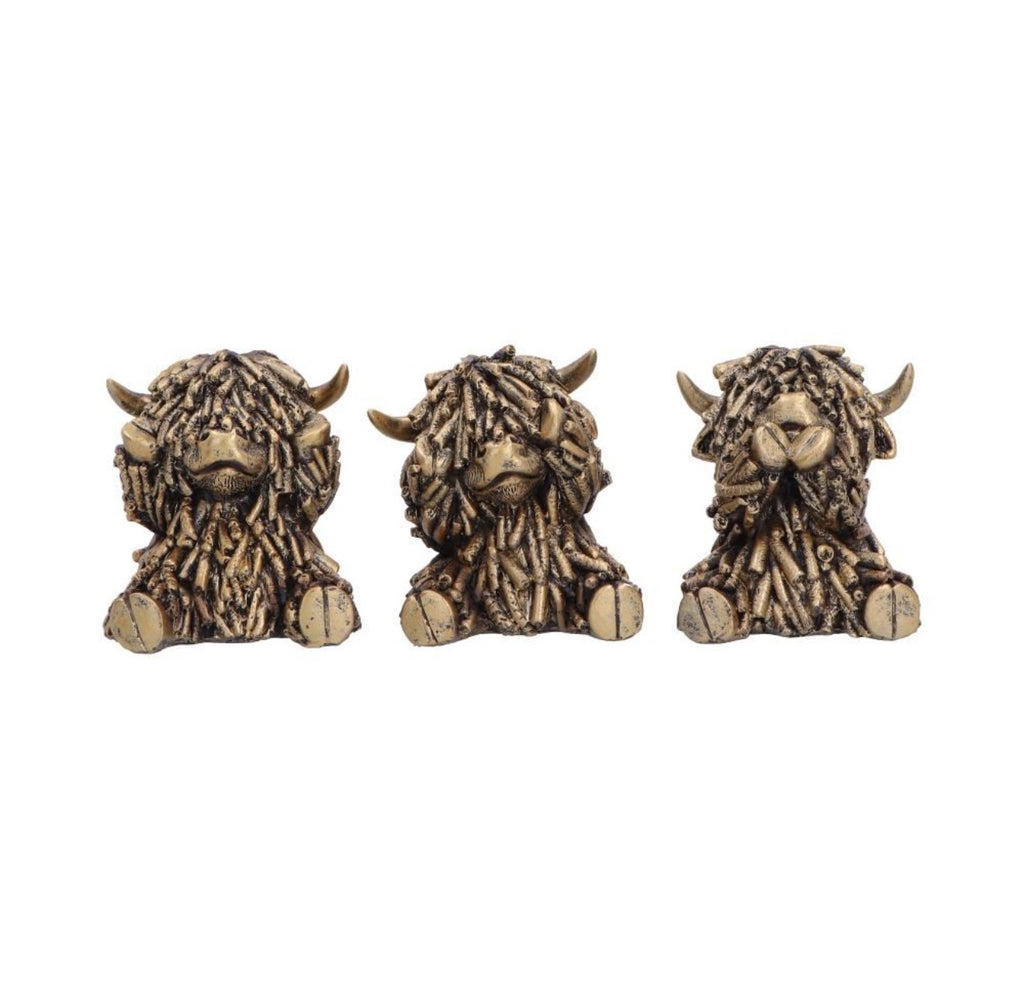 Three Wise Gold Highland Cows set of 3 7.5cm