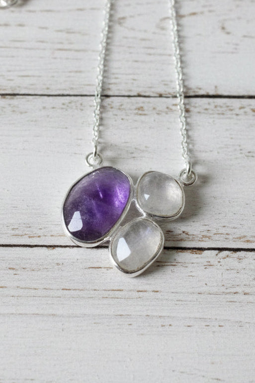 925 Sterling Silver Rainbow Moonstone & Amethyst Necklace