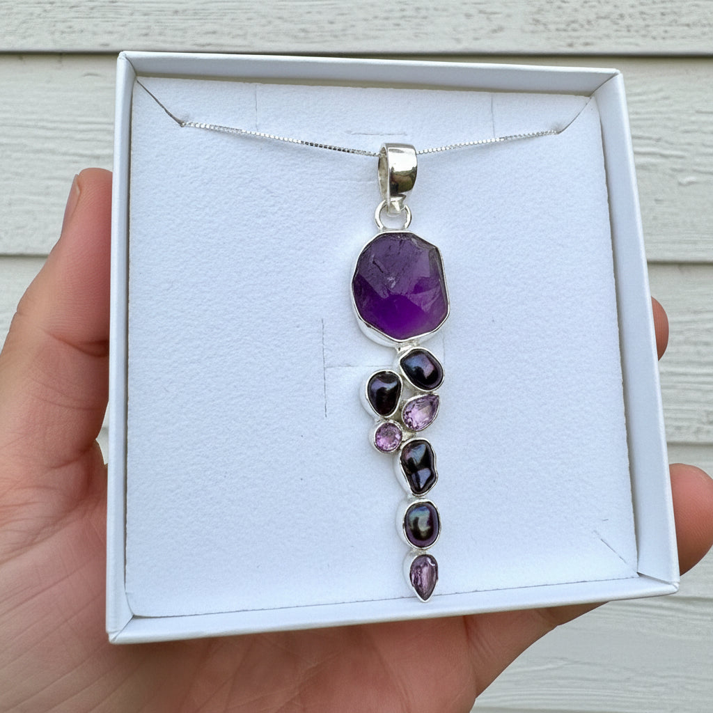 925 Sterling Silver Amethyst & Pearl Pendant