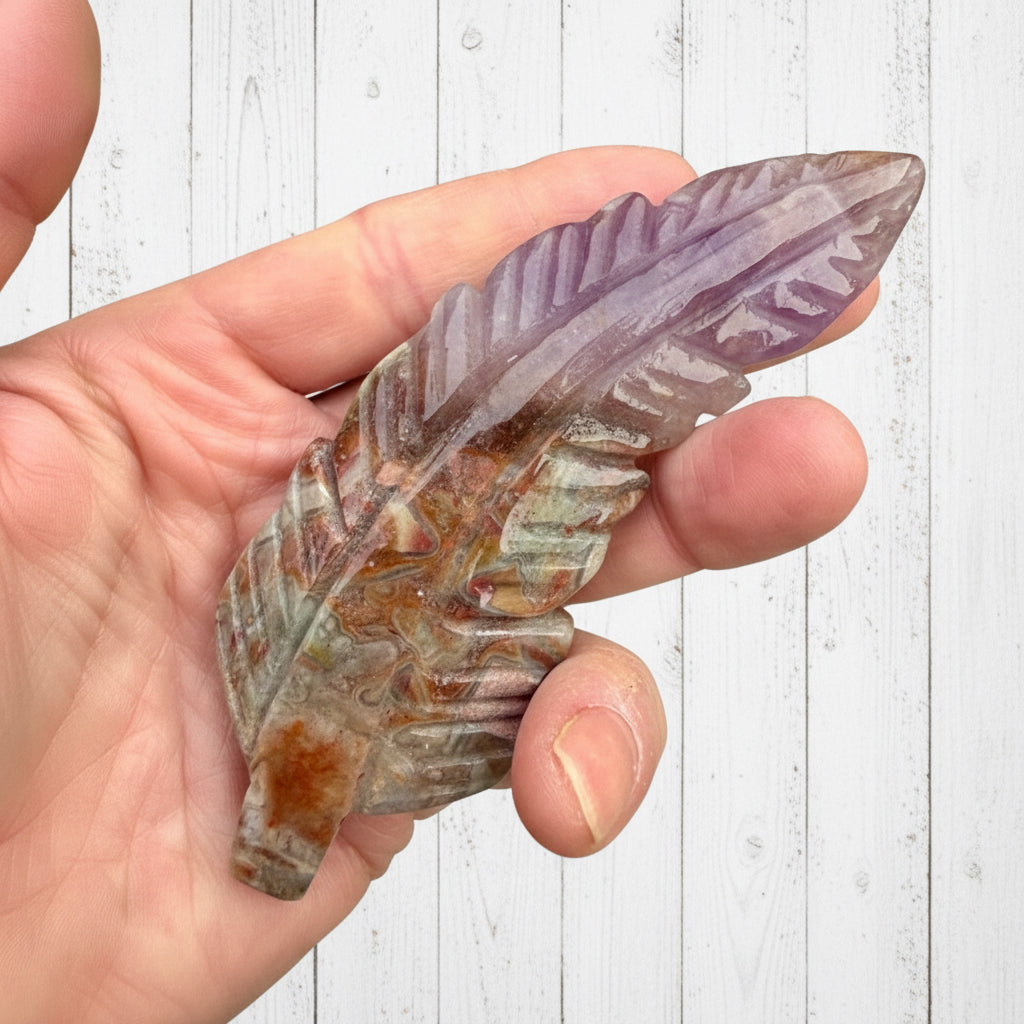 Mexican Amethyst Lace Agate Feather Carving 104 grams AF01