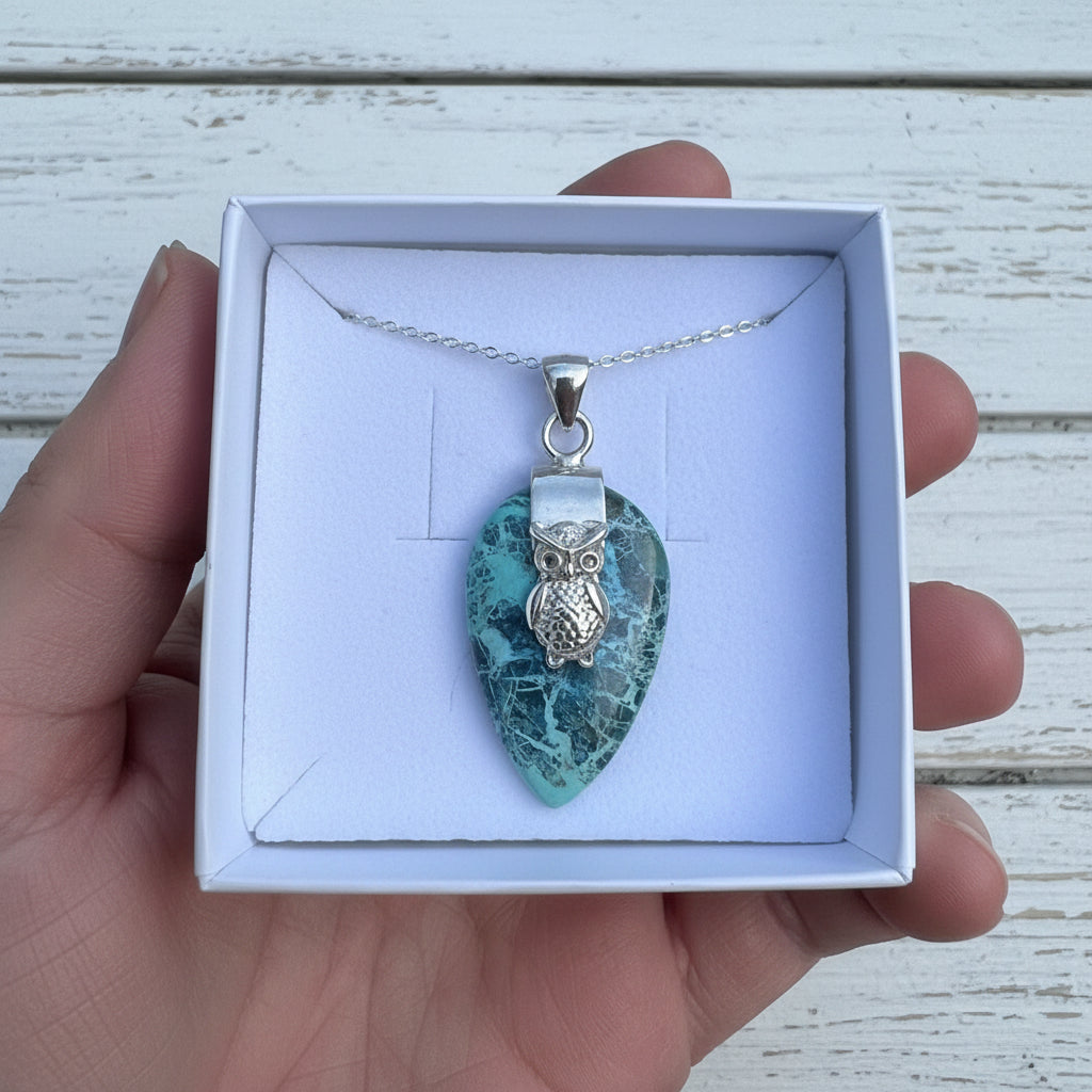 925 Sterling Silver Shattuckite Owl Pendant
