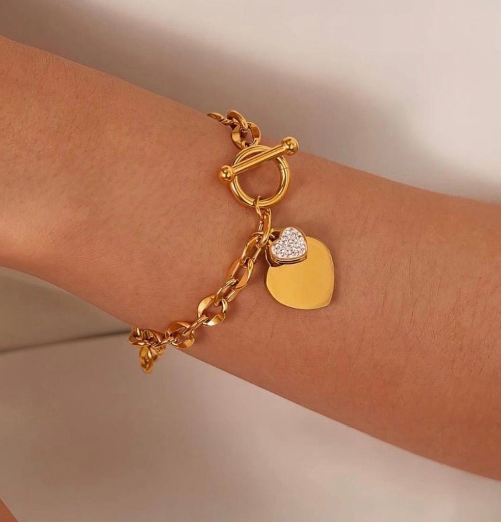18KT Gold Plated Stainless Steel CZ Heart Bracelet