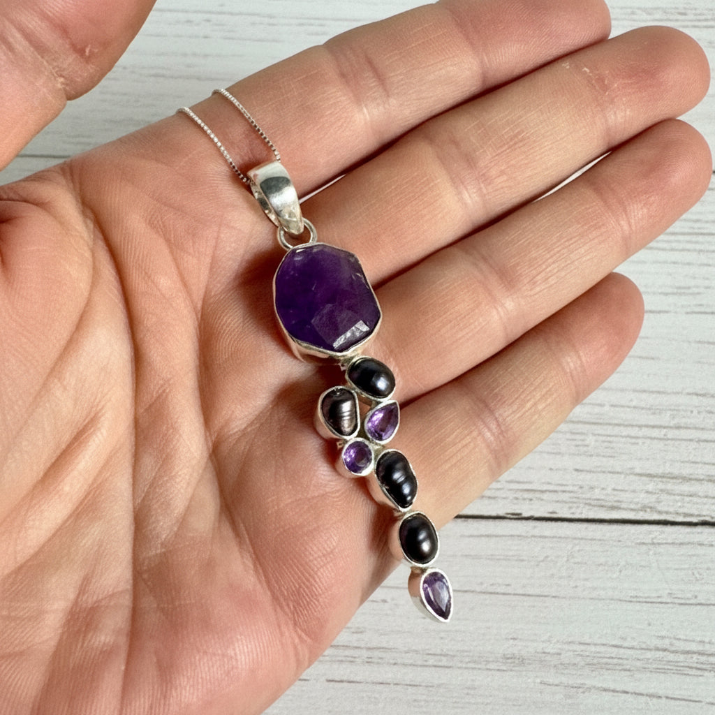 925 Sterling Silver Amethyst & Pearl Pendant