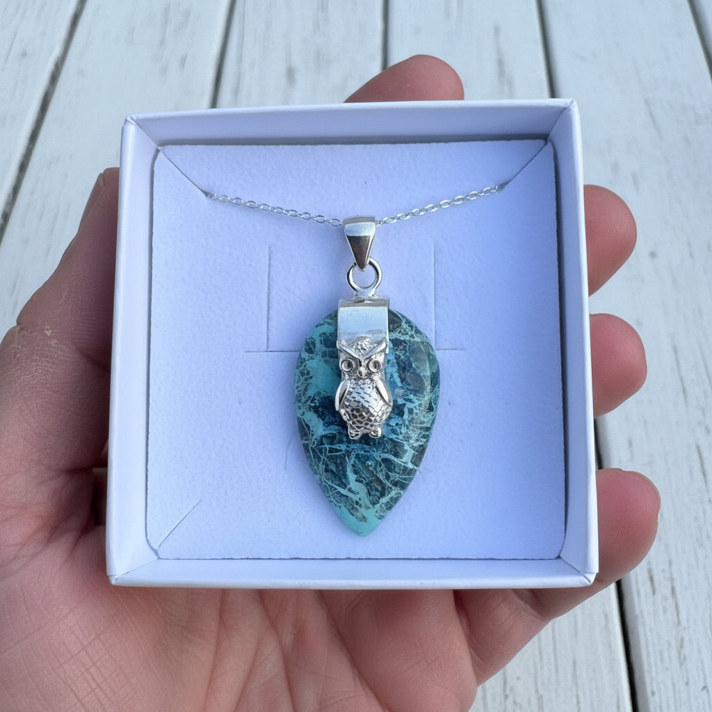 925 Sterling Silver Shattuckite Owl Pendant