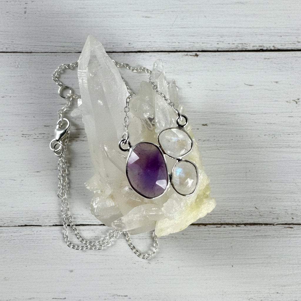 925 Sterling Silver Rainbow Moonstone & Amethyst Necklace