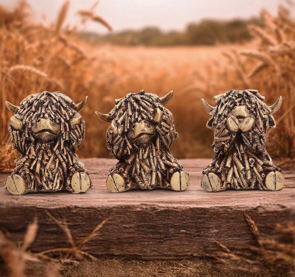 Three Wise Gold Highland Cows set of 3 7.5cm