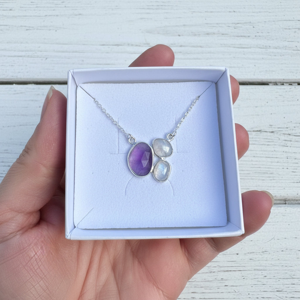 925 Sterling Silver Rainbow Moonstone & Amethyst Necklace